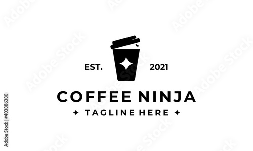 Black Coffee Cup Ninja with simple vintage style logo design template