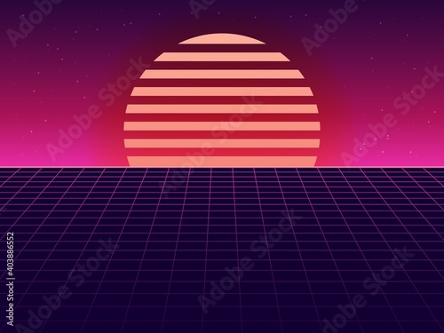 Setting sun retro futuristic synthwave surface. Geometric purple grid background with orange striped luminary. Electronic pink glow in 80s vector style.