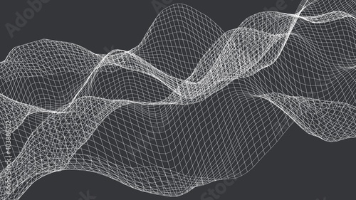 Geometric 3d waves mesh abstract background. Monochrome digital lines in futuristic techno wavy vector stream.