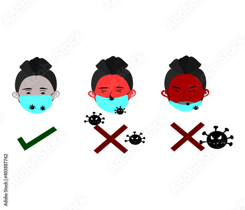 Vector illustration Men face wearing masks correctly and incorrectly. Provide information on disease prevention during the COVID outbreak.