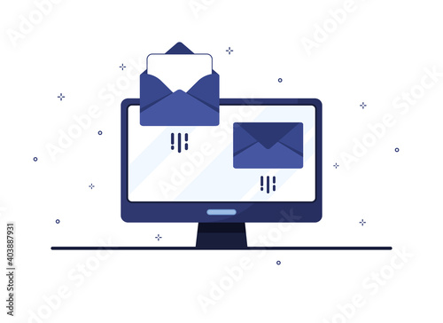 Letters in an envelope sent via a computer to the email. Correspondence by mail. Receiving messages to the pc. Blue. Flat design. Eps 10