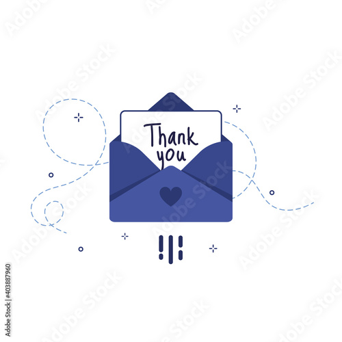 Letter in an envelope with thanks or thank you on white background icon. Send to email, mail. Blue. Flat design. Eps 10