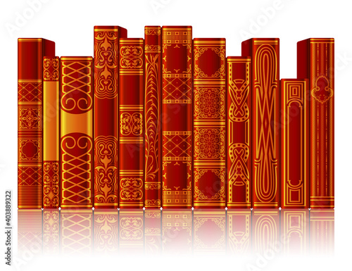 Collection of red and gold books with reflection isolated on white background. Ornate book spines with space for text.