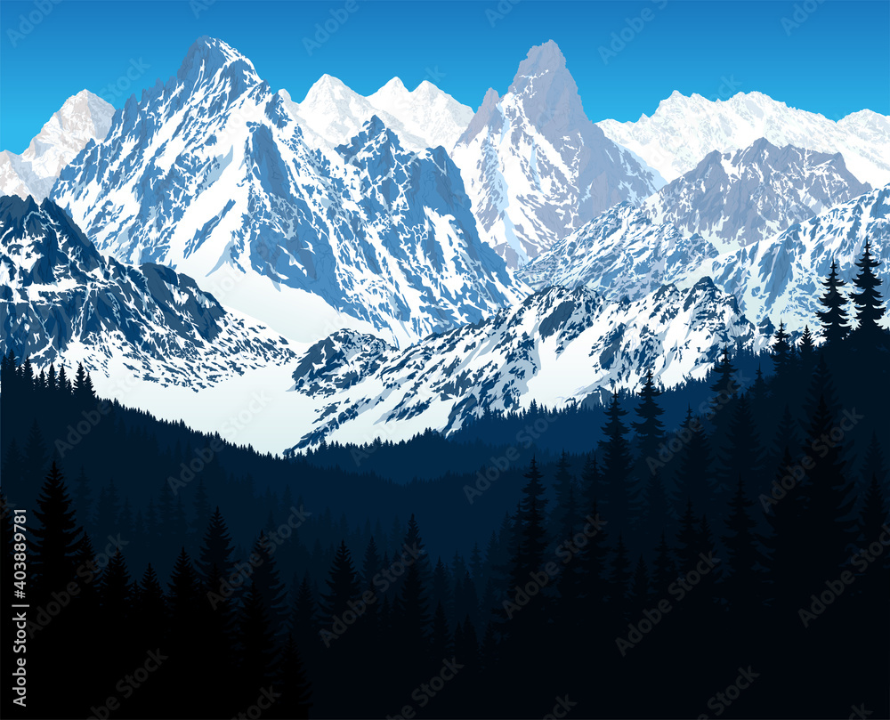 vector woodland winter alps mountains illustration Europe Switzerland