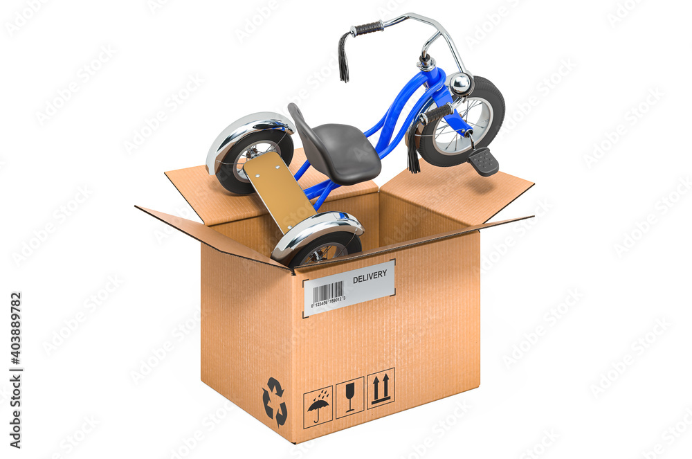 Tricycle kids bicycle inside cardboard box, delivery concept. 3D rendering - obrazy, fototapety, plakaty 