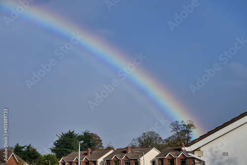 View of house roofs in southern Dublin with beautiful rainbow touching the tree captured from a window during coronavirus lockdown, Dublin, Ireland. Close up view photo