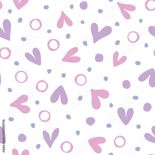 Romantic seamless pattern with doodle heart, bubbles and dots. Simple modern hand drawn background. Repeating vector for invitations, card or wrapping paper.
