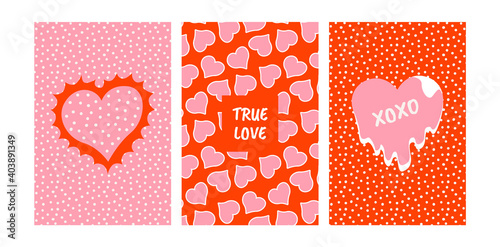 Valentine's day greeting cards and posters with hearts. Vector trendy illustration. Dots pattern. True love, xoxo, hugs and kisses.