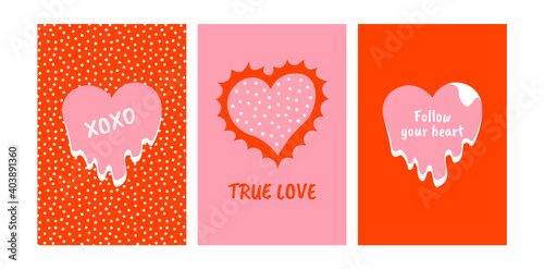 Set of Valentine's day greeting cards and posters with hearts. Vector trendy illustration. Dots pattern. True love, xoxo, hugs and kisses, follow your heart. 