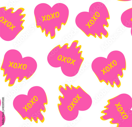 Seamless pattern with pink hearts. "Xoxo" text, hugs and kisses. Valentine's day, romantic vector hand drawn background.