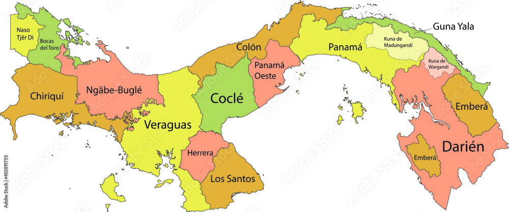 Obraz premium Pastel vector map of Panama with black borders and names of it's provinces and regions