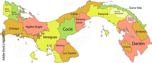 Pastel vector map of Panama with black borders and names of it s provinces and regions