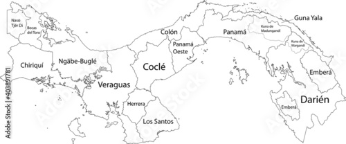 White vector map of Panama with black borders and names of it s provinces and regions