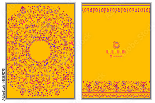 Set of invitation cards with floral mandala background in bright amber color. 