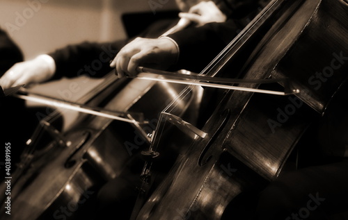 Картината върху платно Symphony orchestra on stage, hands playing cello