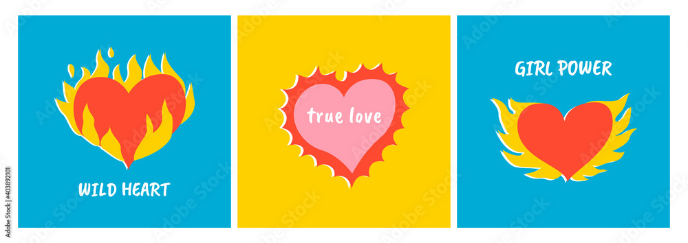 Set of flaming hearts. Vector trendy hand drawn illustration. Wild heart, true love, girl power. Heart burning in fire. For textile prints, posters, postcards.