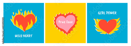 Set of flaming hearts. Vector trendy hand drawn illustration. Wild heart, true love, girl power. Heart burning in fire. For textile prints, posters, postcards.