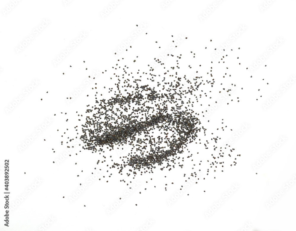 Poppy seeds isolated on white background. Heap of dry poppy seeds Poppy seeds isolated on white background. Heap of dry poppy seeds