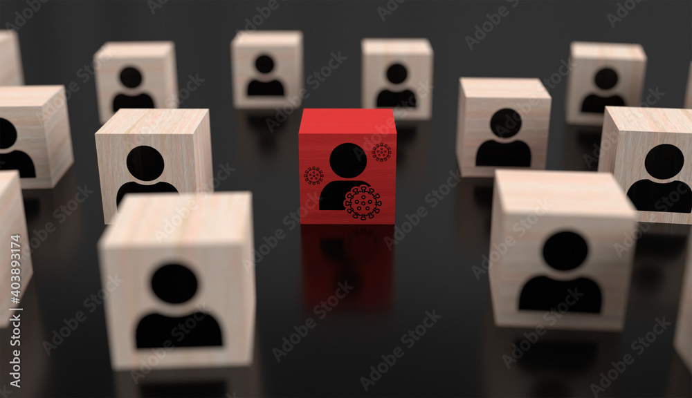 Superspreader infects people virus concept with wooden cubes - obrazy, fototapety, plakaty 