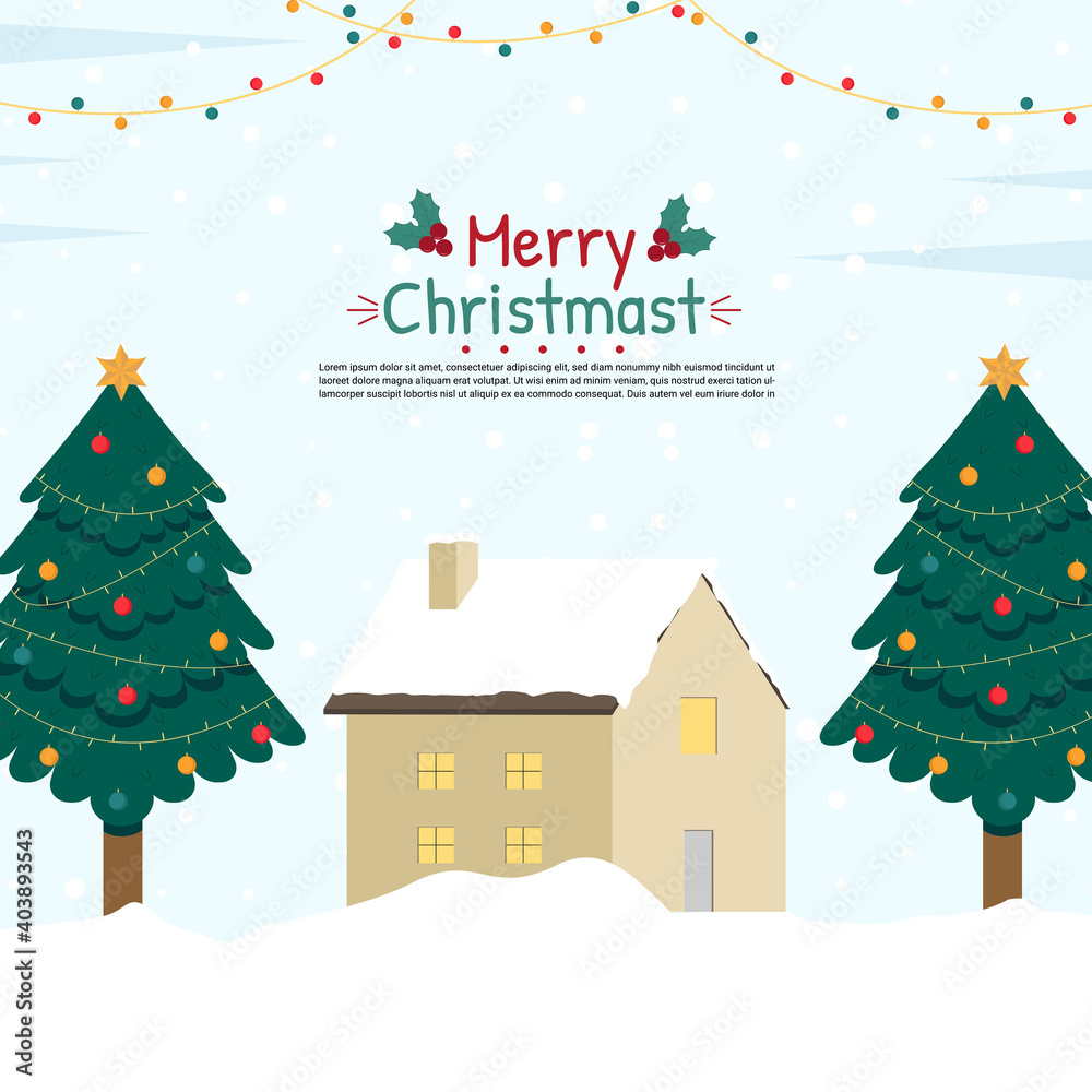 Merry Christmas Winter Background with House, Snowflakes, and Pine Trees