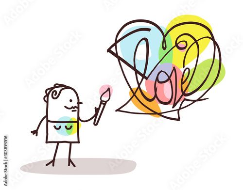 Cartoon Artist Woman Creating a big Colorful Abstract Heart sign