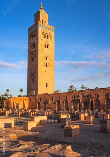 Beautiful view of Koutoubia Mosque in Marrakech in Morocco, blue sky background