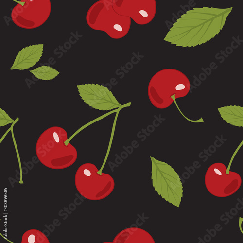 Bright seamless pattern with cherry on a black background