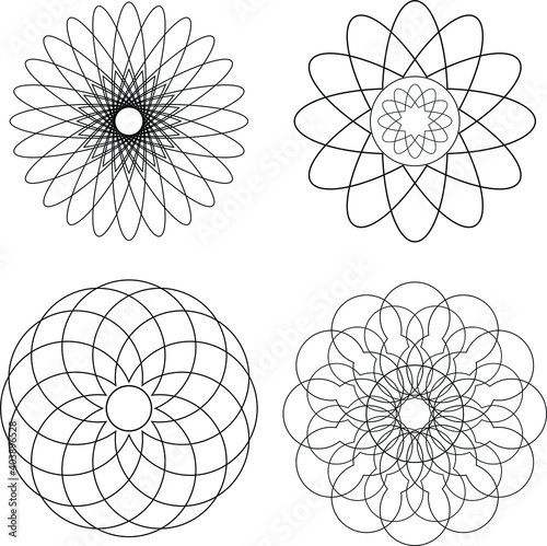 Set of black round ornaments over white background. Geometric art. Design element for frame, logo, blackout tattoo, sign, symbol, web pages, prints, posters, template, pattern and abstract background