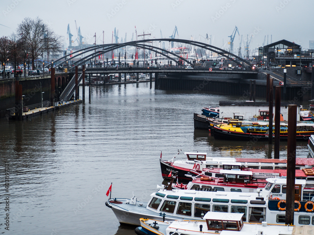 Boats lined up in Hamburg Harbor