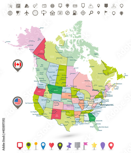 USA and Canada detailed political map with flags and navigation icons