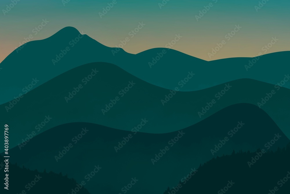 Beautiful tidewater green mountain landscape. Sunrise and sunset in mountains. Natural background with vast landscapes, horizon, skies and dense lush forest. Travel, adventure, calm energy concept.