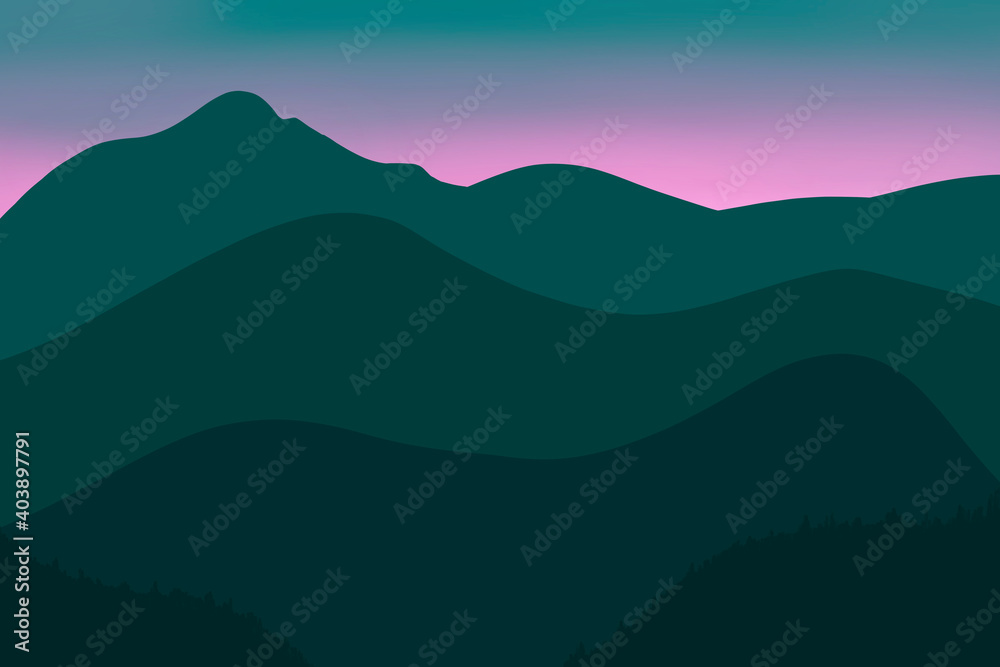 Beautiful tidewater green mountain landscape. Sunrise and sunset in mountains. Natural background with vast landscapes, horizon, skies and dense lush forest. Travel, adventure, calm energy concept.