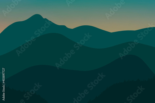 Fototapeta Naklejka Na Ścianę i Meble -  Beautiful tidewater green mountain landscape. Sunrise and sunset in mountains. Natural background with vast landscapes, horizon, skies and dense lush forest. Travel, adventure, calm energy concept.