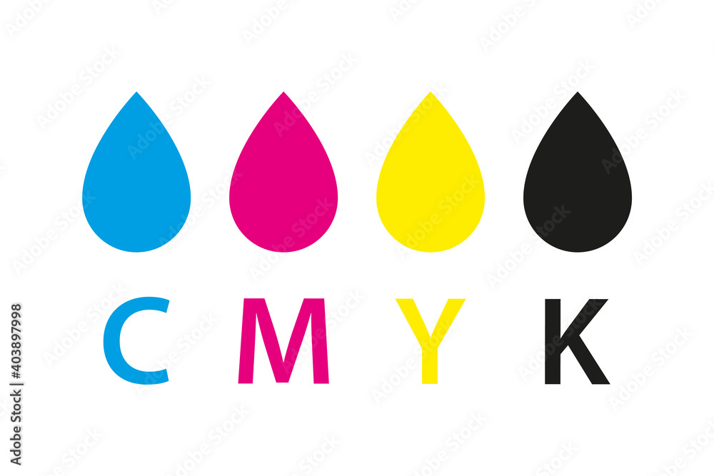 Cmyk print icon. Four drops in cmyk colors symbols. Cyan, magenta, yellow, key, black drops isolated on white background Cmyk print icon. Four drops in cmyk colors symbols. Cyan, magenta, yellow, key, black drops isolated on white background