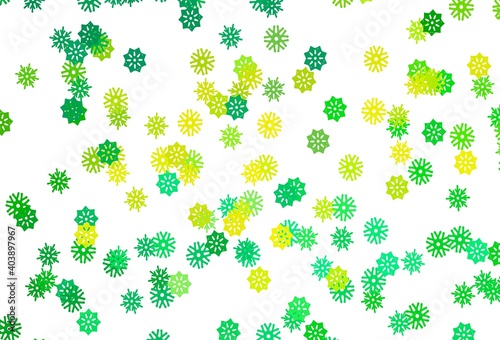Light Green, Yellow vector pattern with christmas snowflakes.