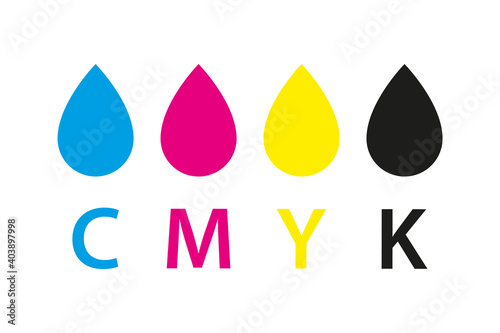 Cmyk print icon. Four drops in cmyk colors symbols. Cyan, magenta, yellow, key, black drops isolated on white background