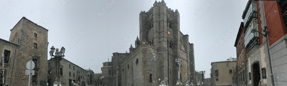 Snowed square of the Cathedral of Avila