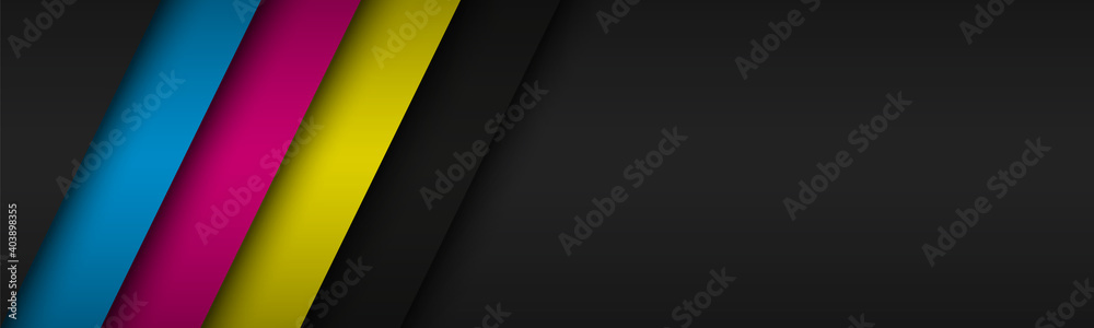 Black modern header with overlapped layers with cmyk colors. Banner for your business. Vector abstract widescreen background