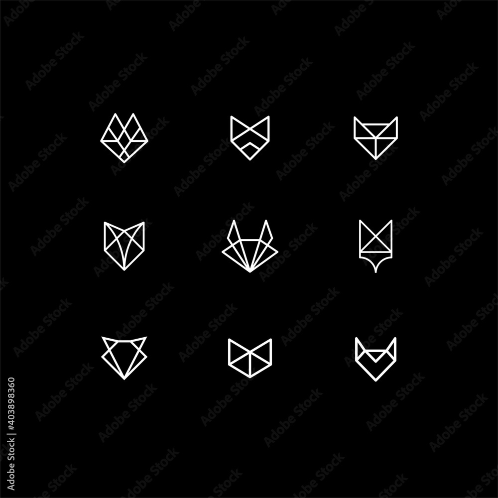 set of geometric line animal fox cat dog illustration icon outline vector collection, minimal small animal icon set isolated on black background set of geometric line animal fox cat dog illustration icon outline vector collection, minimal small animal icon set isolated on black background