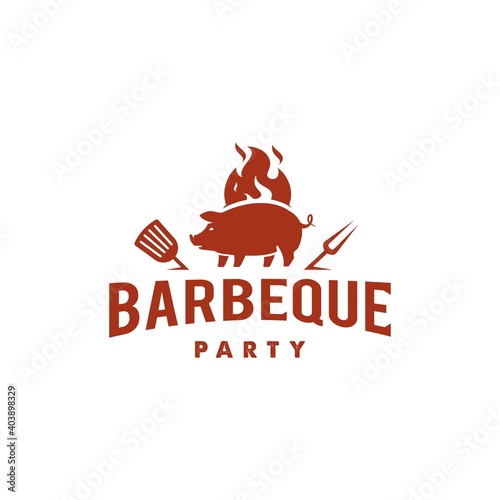 pig and fire logo, Grill Barbeque invitation party barbecue bbq Logo design vintage hipster style
