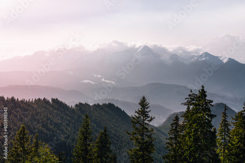 mountains in the morning fog during winter