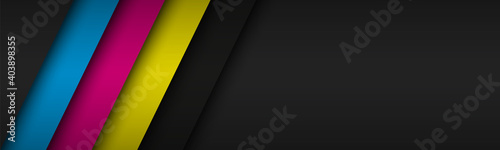 Black modern header with overlapped layers with cmyk colors. Banner for your business. Vector abstract widescreen background