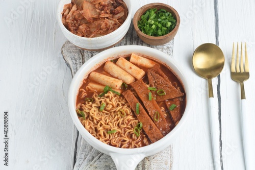 Rabokki is Ramen or Korean instant noodle and Tteokbokki in spicy korean sauce