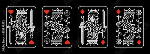 white red King and queen playing card vector illustration set of hearts and diamonds Royal card design collection on black background