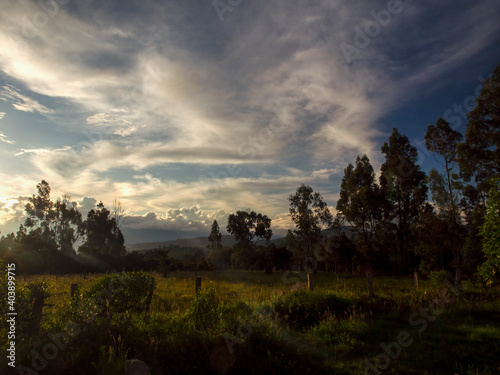 Mixed cloud formation over the Andean plateau in the central mountains of Colombia at sunset.