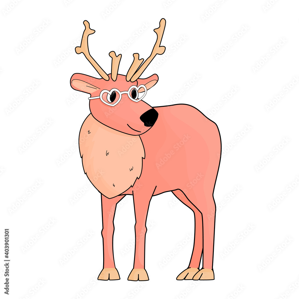Pink happy deer stands and looks. White heart glasses for Valentines Day Party are on his face. Isolated animal is on white background Pink happy deer stands and looks. White heart glasses for Valentines Day Party are on his face. Isolated animal is on white background