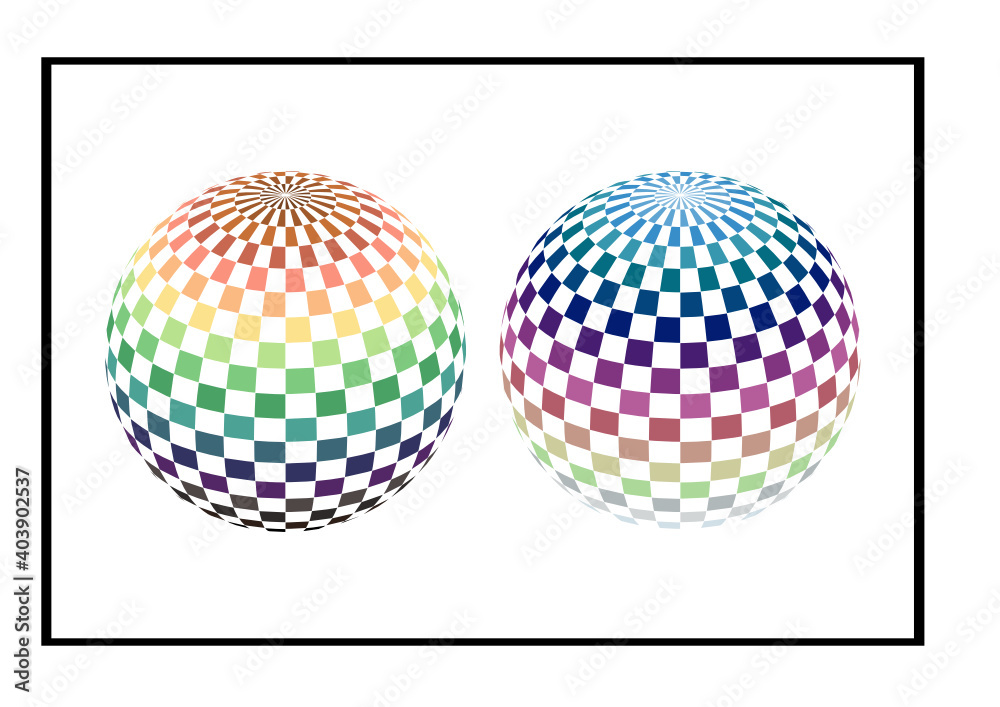 Abstract circles consisting of squares in 3D perspective. Set of two checkered spheres. Colourful checkered Globes Set. White background Abstract circles consisting of squares in 3D perspective. Set of two checkered spheres. Colourful checkered Globes Set. White background
