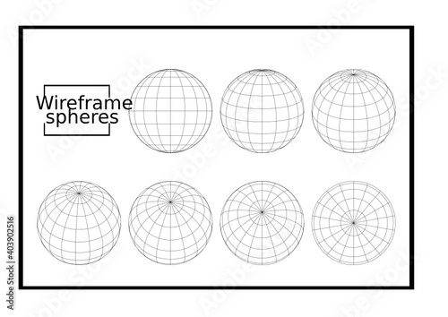 Abstract vector wireframe sphere globe on white isolated. Wireframe globes in different positions. Globe icons