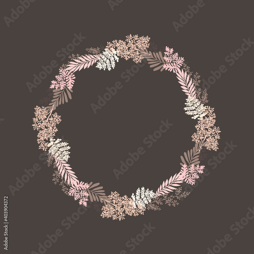 Vector grass wreath for design. Beige and cream color of leaves and herbs on a brown background.