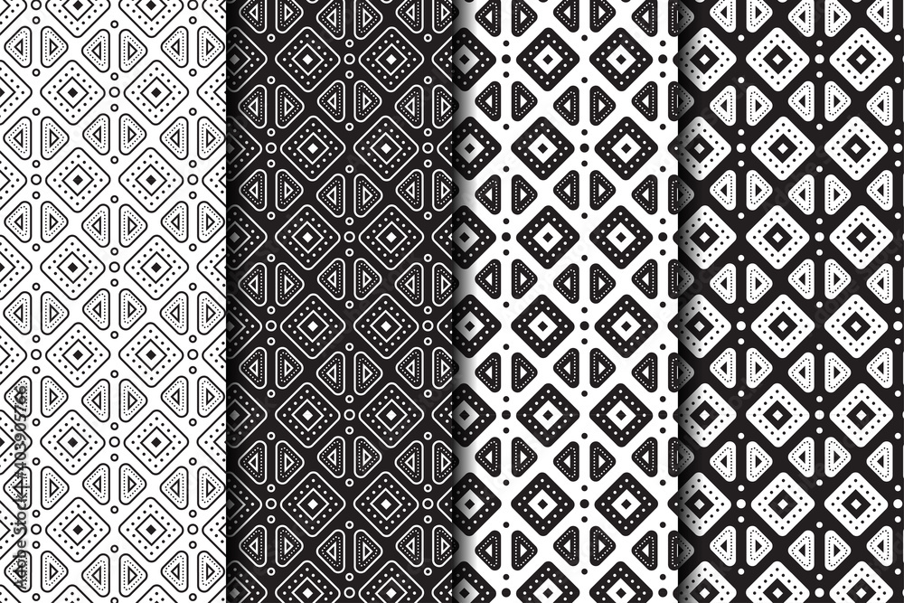 Set of Tiled seamless geometric pattern of dotted petals, circle, square and triangle shape. Arabic motif. Abstract black and white mosaic background. Vector illustration with outline and bold shape. Set of Tiled seamless geometric pattern of dotted petals, circle, square and triangle shape. Arabic motif. Abstract black and white mosaic background. Vector illustration with outline and bold shape.